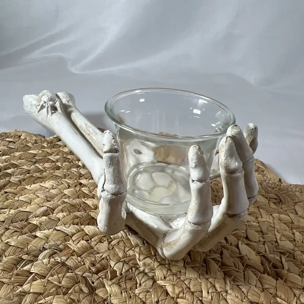 Halloween Skeleton Bones Arm Tea Light Votive Glass Holder Candle Gothic